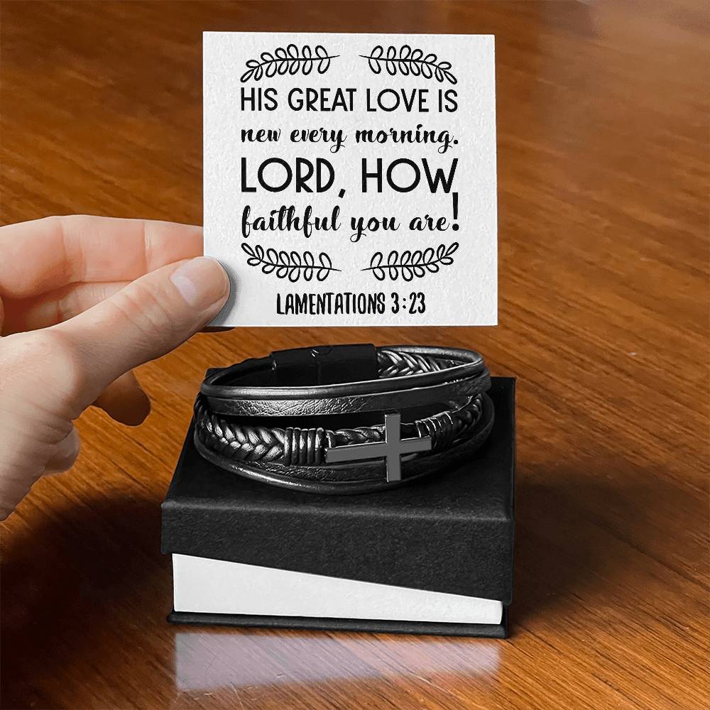 His great love is new every morning. Lord, how faithful you are RVRNT Men's Cross Bracelet