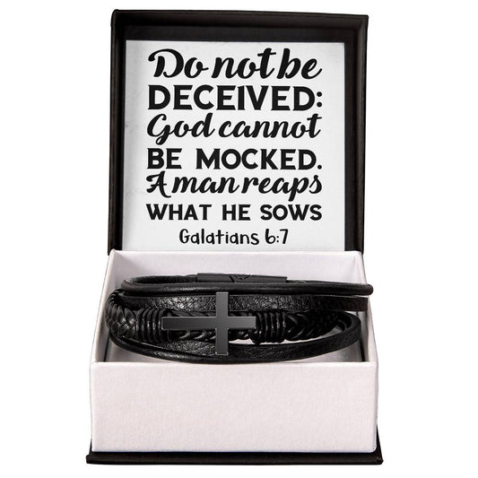 Do not be deceived God cannot be mocked. A man reaps what he sows RVRNT Men's Cross Bracelet