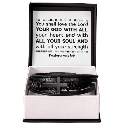 You shall love the Lord your God with all your heart and with all your soul and with all your strength RVRNT Men's Cross Bracelet