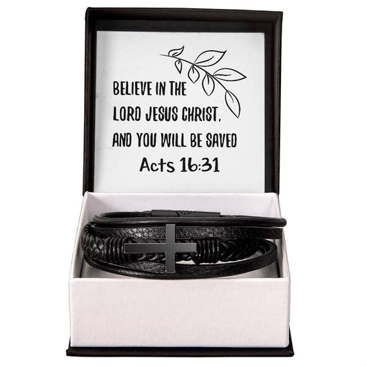 Believe in the Lord Jesus Christ, and you will be saved RVRNT Men's Cross Bracelet