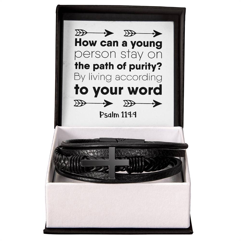 How can a young person stay on the path of purity By living according to your word RVRNT Men's Cross Bracelet
