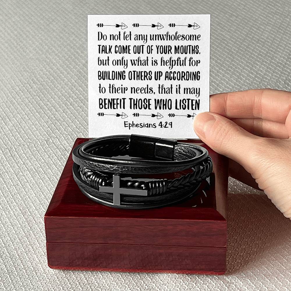Do not let any unwholesome talk come out of your mouths, but only what is helpful for building others up RVRNT Men's Cross Bracelet