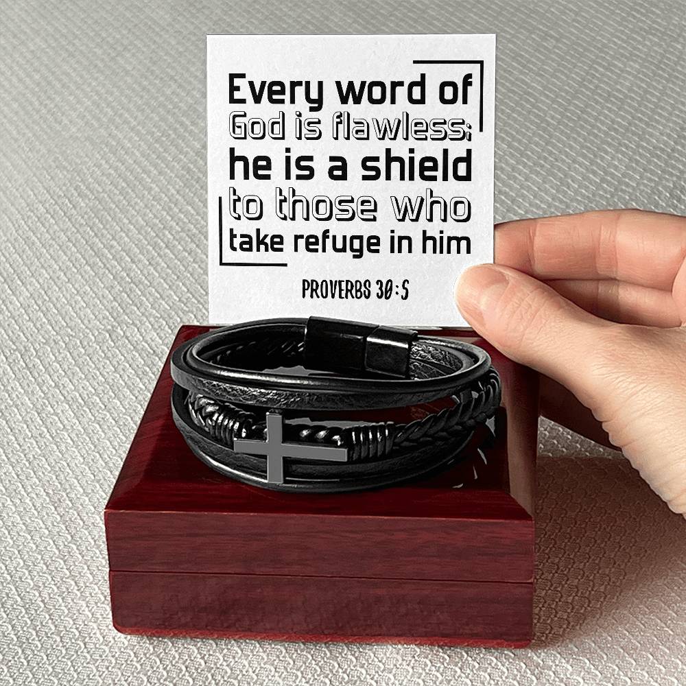 Every word of God is flawless; he is a shield to those who take refuge in him RVRNT Men's Cross Bracelet