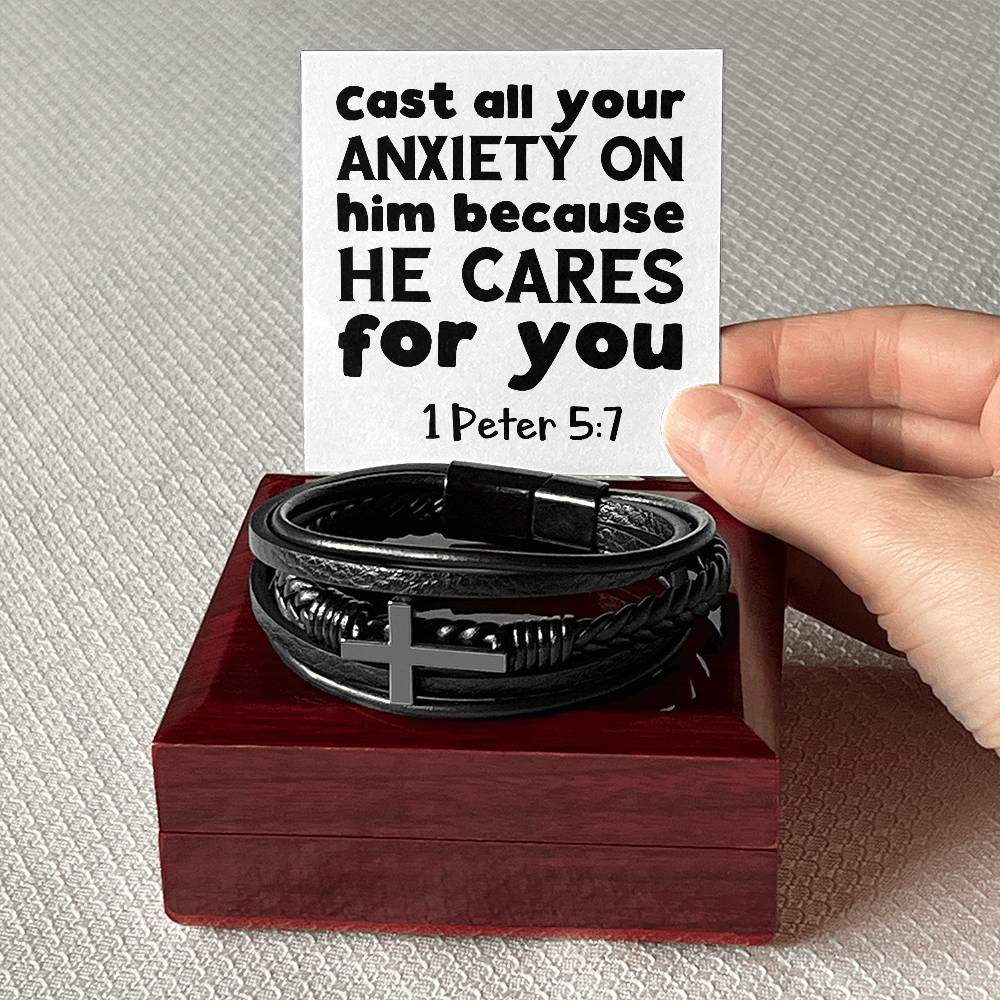 Cast all your anxiety on him because he cares for you RVRNT Men's Cross Bracelet