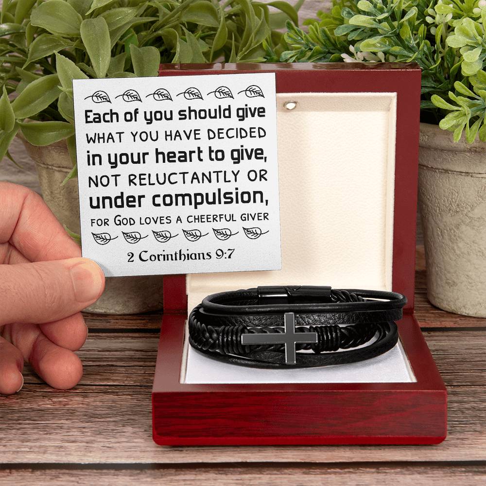 Each of you should give what you have decided in your heart to give, not reluctantly or under compulsion, for God loves a cheerful giver RVRNT Men's Cross Bracelet