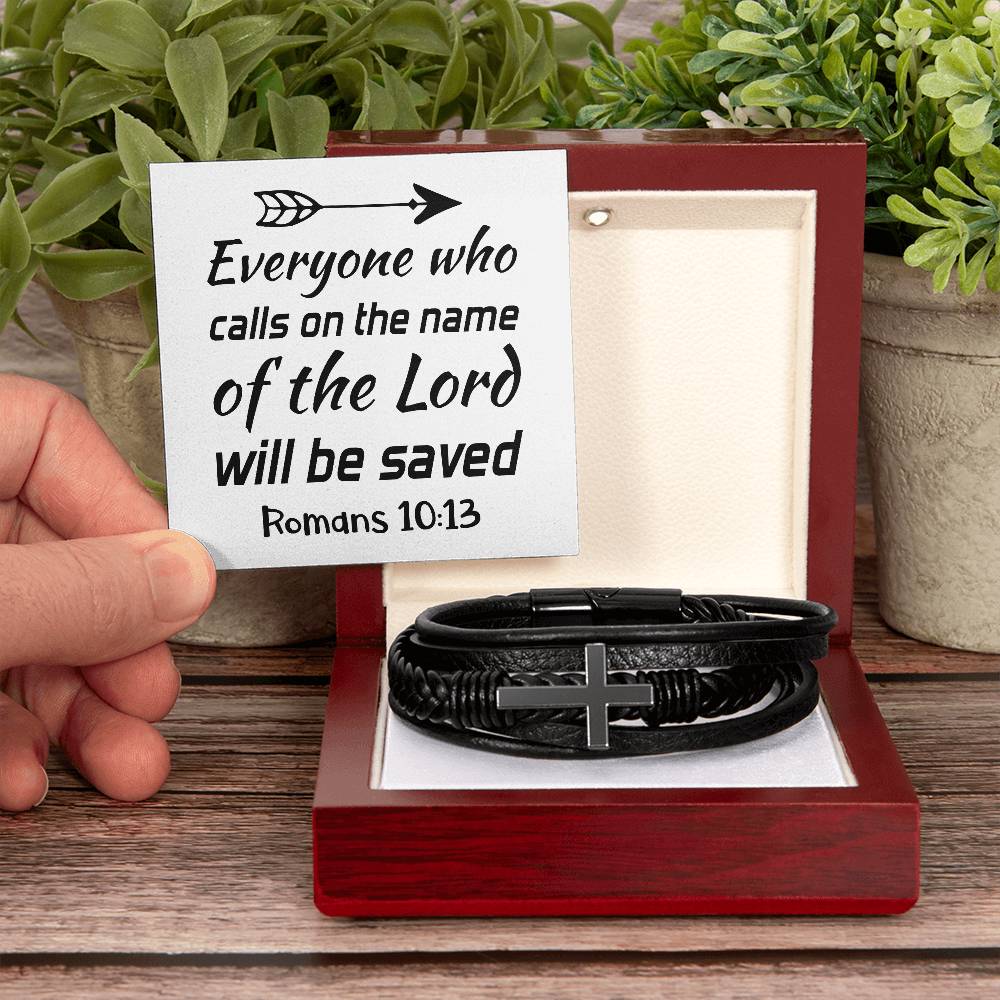 Everyone who calls on the name of the Lord will be saved RVRNT Men's Cross Bracelet