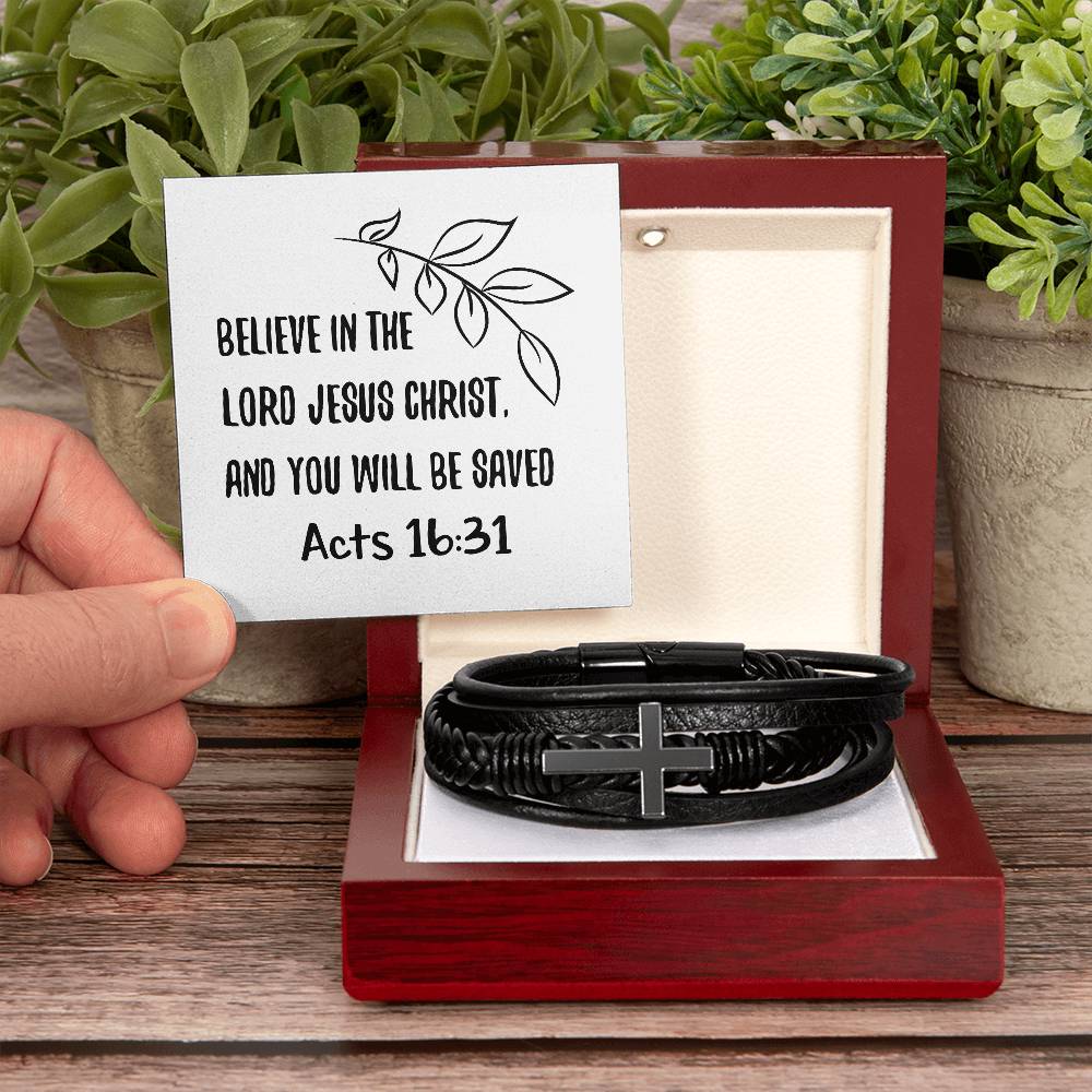 Believe in the Lord Jesus Christ, and you will be saved RVRNT Men's Cross Bracelet