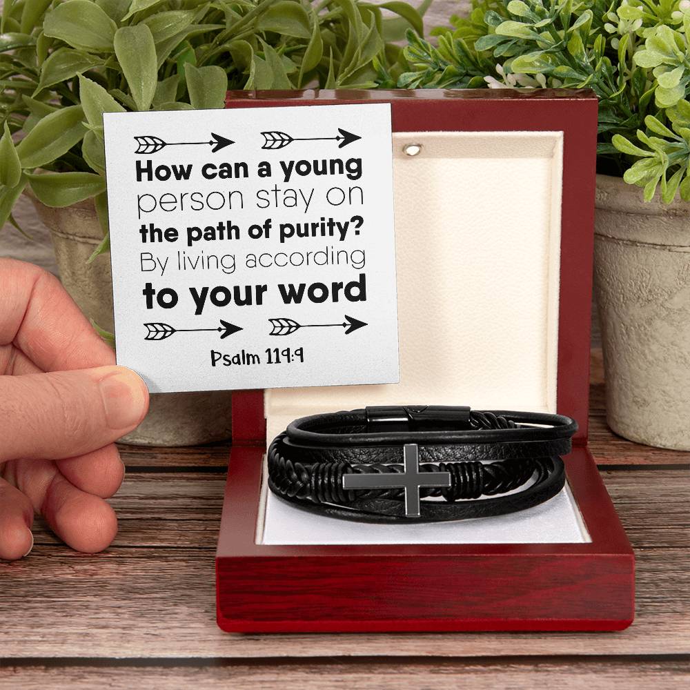 How can a young person stay on the path of purity By living according to your word RVRNT Men's Cross Bracelet