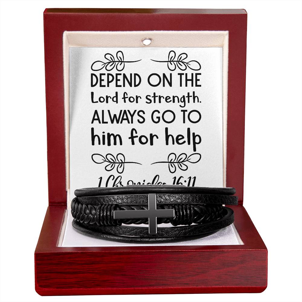 Depend on the Lord for strength. Always go to him for help RVRNT Men's Cross Bracelet
