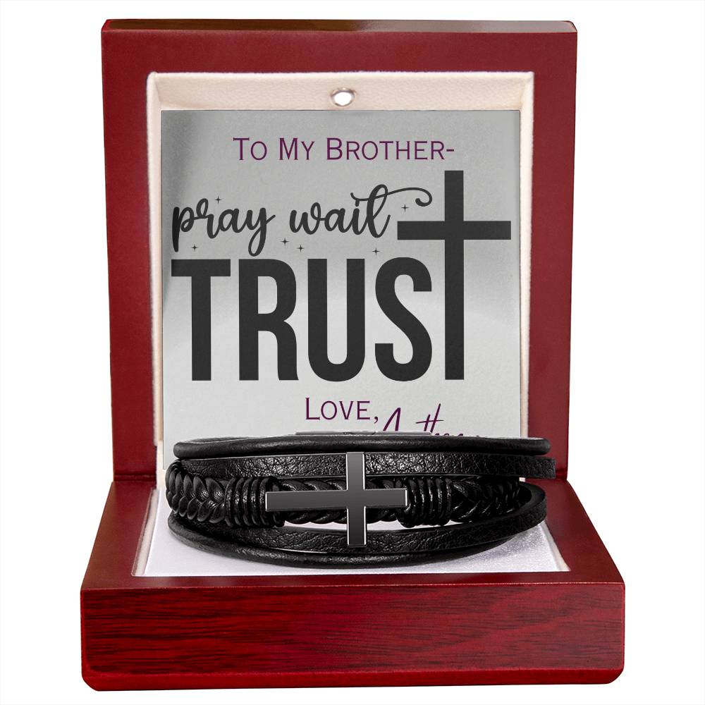 To My Brother - Personalized Vegan Leather Mens Cross Bracelet