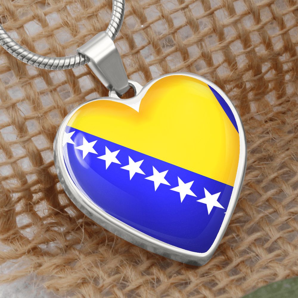 Bosnia and Herzegovina Heart Flag Snake Chain Surgical Steel Necklace with Shatterproof Liquid Glass Coating ShineOn Fulfillment