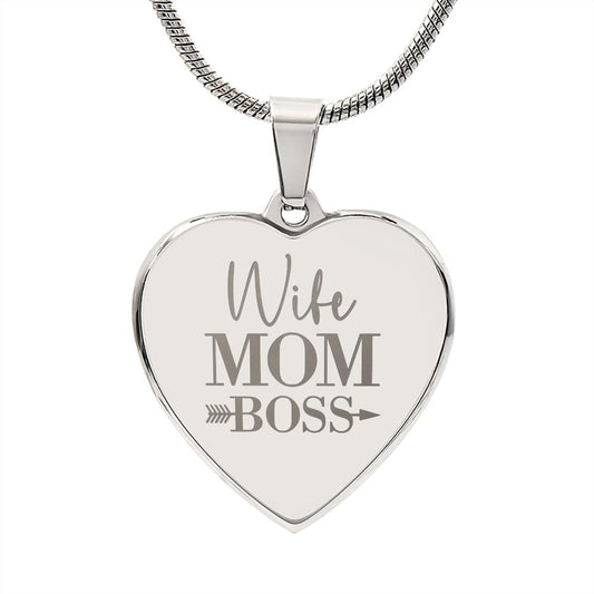 Wife Mom Boss Engraved Heart Necklace ShineOn Fulfillment